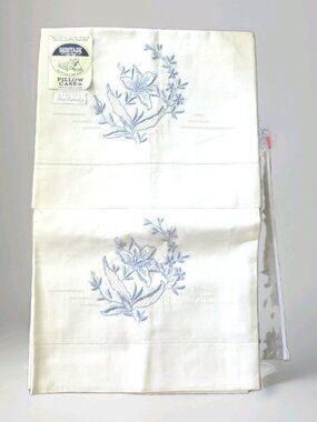 HERITAGE Standard Vintage Blue Hand Embroidered Cutwork Pillow Cases Pair